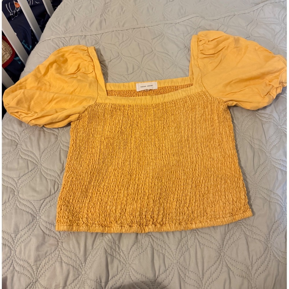Dear‎ John Marigold Smocked Puff Sleeve  Top Square Neck Women's Medium